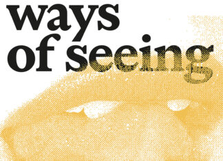 Fotoausstellung Ways of Seeing / Kulturforum Brüssel Das Bild zeigt einen gelben, durchsichtigen Mund. Die Lippen sind geöffnet und die Zunge ist nach oben gerollt, um die Mitte der Oberlippe zu lecken, wodurch die Vorderzähne verdeckt werden. Oben steht in schwarzen, fetten Lettern der Titel der Ausstellung "ways of seeing". Am unteren Rand des Bildes sind die Namen der sechs teilnehmenden Fotografinnen in der folgenden Reihenfolge aufgeführt: Aylene Lievens, Eva de Ridder, Julia Gaisbacher, Kamand Razavim Maryam Mohammadi, Malika Abbas, Shaista Chisty, Wendy Marijnissen.