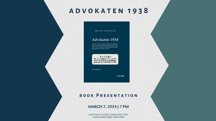 Das Bild zeigt das Buch “Advokaten 1938“, welches bei der Veranstaltung präsentiert wird.
