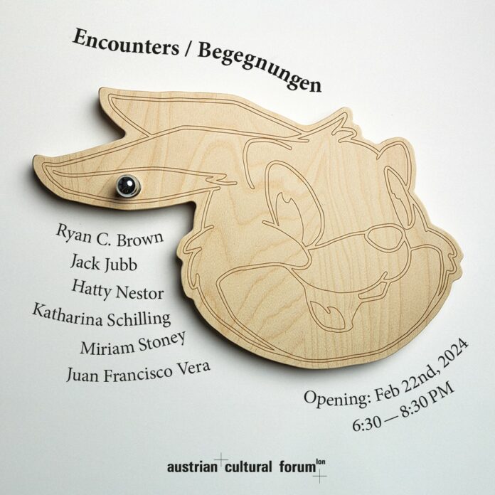 Ein Kaninchen aus Holz im Stil von Disney mit dem Ausstellungstitel „Begegnungen / Encounters“ und dem Datum der Ausstellungseröffnung am 22.2. von 18:30 bis 20:30 sowie den Namen der Künstler:innen und dem Logo des Kulturforums.