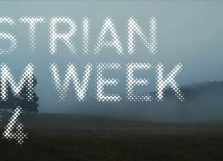 Österreichische Filmwoche / Kulturforum Tel Aviv Das Bild zeigt ein Landschaftsbild aus dem Trailer von „Wald“ von Elisabeth Scharang mit dem Logo der Österreichischen Filmwoche in Israel 2024.