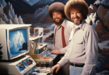 Präsentation und Diskussion / Kulturforum Bratislava Das KI-generierte Bild zeigt zwei Darstellungen des Malers Bob Ross vor einer Berglandschaft und Maluntensilien.