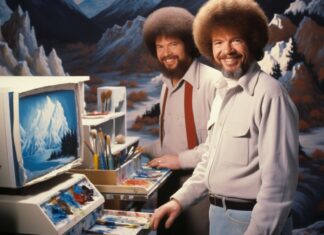Präsentation und Diskussion / Kulturforum Bratislava Das KI-generierte Bild zeigt zwei Darstellungen des Malers Bob Ross vor einer Berglandschaft und Maluntensilien.