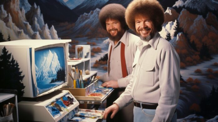 Das KI-generierte Bild zeigt zwei Darstellungen des Malers Bob Ross vor einer Berglandschaft und Maluntensilien.