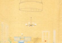 Margarete Schütte-Lihotzky: Pioneering Architect. Visionary Activist. / Kulturforum New York Das Bild zeigt einen Einrichtungsentwurf für einen Kindergarten von Margarete Schütte-Lihotzky. Darauf sind weiße und hellblaue auf gelben Hintergrund zu sehen.