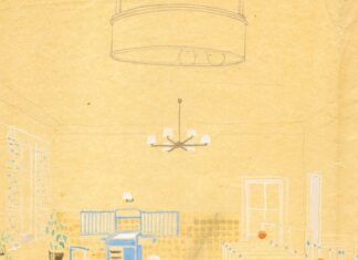 Margarete Schütte-Lihotzky: Pioneering Architect. Visionary Activist. / Kulturforum New York Das Bild zeigt einen Einrichtungsentwurf für einen Kindergarten von Margarete Schütte-Lihotzky. Darauf sind weiße und hellblaue auf gelben Hintergrund zu sehen.