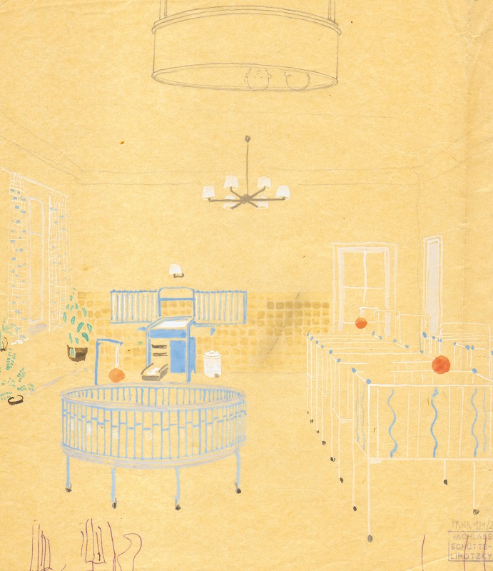 Das Bild zeigt einen Einrichtungsentwurf für einen Kindergarten von Margarete Schütte-Lihotzky. Darauf sind weiße und hellblaue auf gelben Hintergrund zu sehen.