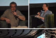 „Das große Welttheater“ in Cartagena / Botschaft Bogota Das Bild zeigt oben rechts den Historiker und Autor Philipp Blom, links den Rektor des IWM, Misha Glenny und unten Philipp Blom, Misha Glenny und das Publikum in einem Auditorium vor einer Leinwand mit dem Titel „Hay Festival“.