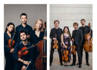 Harmonien im Dialog / Kulturforum London Das Bild zeigt zwei nebeneinander angeordnete Pressefotos der Musikerinnen und Musikern. Auf jedem Foto ist ein Streichquartett zu sehen: auf der linken Seite das NOVO Quartet und auf der rechten Seite das Elmore Quartet. Insgesamt sind auf dem Bild acht Personen zu sehen, die jeweils ein Streichinstrument wie Violine, Viola oder Cello halten.