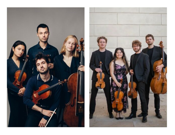 Das Bild zeigt zwei nebeneinander angeordnete Pressefotos der Musikerinnen und Musikern. Auf jedem Foto ist ein Streichquartett zu sehen: auf der linken Seite das NOVO Quartet und auf der rechten Seite das Elmore Quartet. Insgesamt sind auf dem Bild acht Personen zu sehen, die jeweils ein Streichinstrument wie Violine, Viola oder Cello halten.