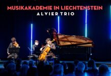Alvier Trio / Kulturforum Washington Das Bild zeigt ein Musiktrio (einen Pianisten, einen Cellisten und einen Violinisten) während eines Live-Konzerts auf einer Bühne.