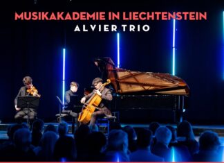 Alvier Trio / Kulturforum Washington Das Bild zeigt ein Musiktrio (einen Pianisten, einen Cellisten und einen Violinisten) während eines Live-Konzerts auf einer Bühne.