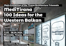 IMAGINE DIGNITY in Albanien / Botschaft Tirana Das Bild zeigt eine Ansicht der Ausstellung mit den Daten der Ausstellung im Vordergrund