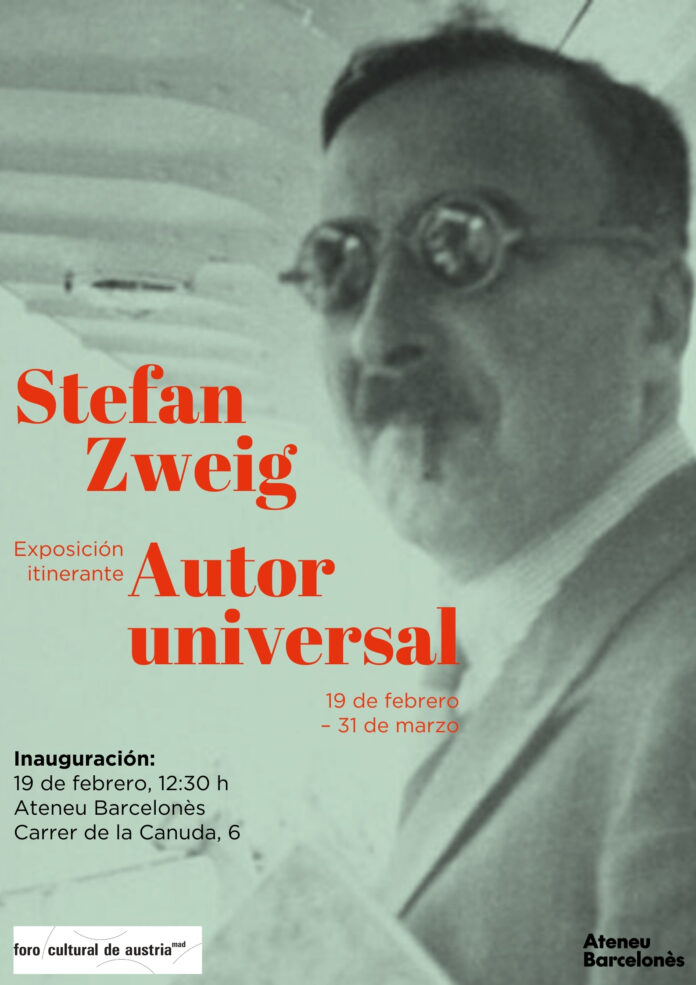 Das Bild zeigt Stefan Zweig und die Informationen zur Ausstellung in Barcelona, sowie die Ankündigung zur Eröffnung der Ausstellung.