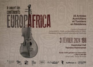 Konzert EuropAfrica / Botschaft Tunis Das Bild zeigt die Informationen zum Konzert vor einem braunen Hintergrund mit einer Geige.