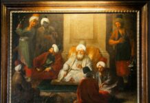 Buchpräsentation und Vortrag / Kulturforum Istanbul Das Bild zeigt das Porträt des Osmanischen Gesandten Süleyman Efendi samt seinem Gefolge bei seiner Reise nach Wien im Jahr 1774. Das Gemälde befindet sich in der Österreichischen Botschaft in Ankara.