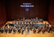 Hornist Radovan Vlatkovic / Botschaft Bangkok Das Bild zeigt den Hornisten Radovan Vlatkovic und das Thailand Philharmonic Orchestra auf der großen Bühne der Prince Mahidol Hall