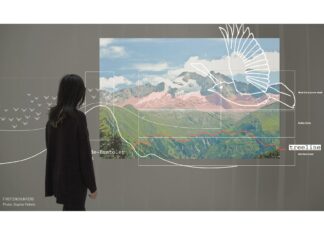 Women Designing the Future / Botschaft Kopenhagen Betrachterin vor einer großformatigen Abbildung eines Bergpanoramas, die mit Grafiken zu den verschiedenen Höhenstufen und eines Vogels kombiniert wurde.