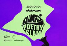 Dunaj Poetry Slam / Kulturforum Budapest Das Bild zeigt das Logo des Dunaj Poetry Slams vor einem violetten und grünen Hintergrund.