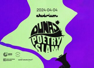 Dunaj Poetry Slam / Kulturforum Budapest Das Bild zeigt das Logo des Dunaj Poetry Slams vor einem violetten und grünen Hintergrund.