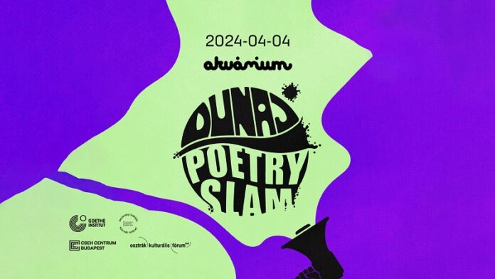 Das Bild zeigt das Logo des Dunaj Poetry Slams vor einem violetten und grünen Hintergrund.