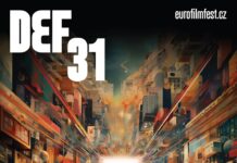 DAYS OF EUROPEAN FILM 2024 / Kulturforum Prag Das Bild zeigt den Flyer des Festivals mit einer Figur, die in einem bunten surrealen Raum steht,