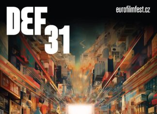 DAYS OF EUROPEAN FILM 2024 / Kulturforum Prag Das Bild zeigt den Flyer des Festivals mit einer Figur, die in einem bunten surrealen Raum steht,