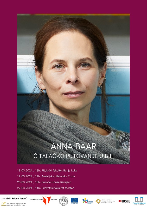 Das Plakat kündigt die Lesereise von Anna Baar an. Darauf zu sehen ist ein Portrait der Autorin.