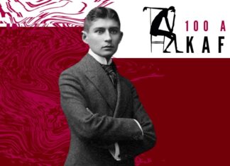 „100 años Kafka“ – Gedenkjahr 2024 in Spanien / Kulturforum Madrid Das Bild zeigt Franz Kafka vor einem roten Hintergrund sowie das Logo des Kafka Jahres.