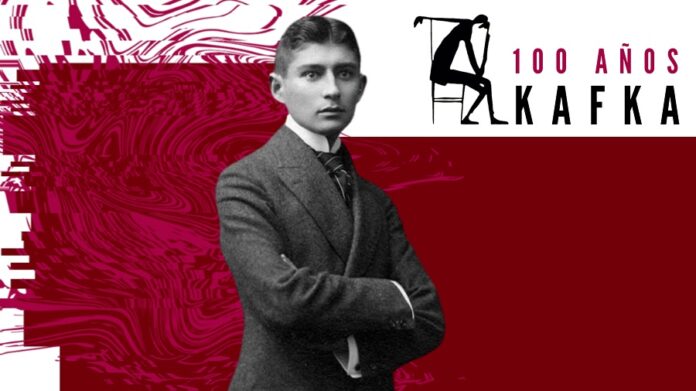 Das Bild zeigt Franz Kafka vor einem roten Hintergrund sowie das Logo des Kafka Jahres.