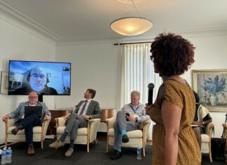 Desinformationsseminar / KF Pretoria Das Bild zeigt die virtuelle Teilnahme von Herrn Ross King vom AIT an einer Paneldiskussion.