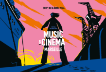 Grazer Filmmusik meets Marseille / Kulturforum Paris Das Bild zeigt das Poster des Festivals mit dem Titel. Darauf ist in bunten Farben eine Person in der Mitte zu sehen, links ein großes Schiff und rechts die Hafenanlage mit Kränen.