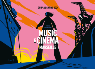 Grazer Filmmusik meets Marseille / Kulturforum Paris Das Bild zeigt das Poster des Festivals mit dem Titel. Darauf ist in bunten Farben eine Person in der Mitte zu sehen, links ein großes Schiff und rechts die Hafenanlage mit Kränen.