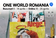 „Zwischen uns Gott“/ Kulturforum Bukarest Das Bild zeigt das Plakat des Festivals mit den Informationen. den Hintergrund bildet eine Collage aus mehreren Plakaten an einer Wand.