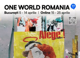 „Zwischen uns Gott“/ Kulturforum Bukarest Das Bild zeigt das Plakat des Festivals mit den Informationen. den Hintergrund bildet eine Collage aus mehreren Plakaten an einer Wand.