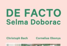 42. Filmfestival Uruguay / Botschaft Buenos Aires Das Bild zeigt das Filmplakat des Films De Facto von Selma Doborac auf rosa Hintergrund mit grüner Schrift und einem Fotoausschnitt aus dem Film. Auf diesem ist im Hintergrund ein Wald zu sehen. Durch ein Fenster gespiegelt kann man leicht unscharf die beiden Darsteller des Filmes, Christoph Bach und Cornelius Obonya, erkennen.