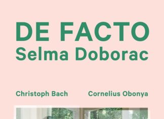 42. Filmfestival Uruguay / Botschaft Buenos Aires Das Bild zeigt das Filmplakat des Films De Facto von Selma Doborac auf rosa Hintergrund mit grüner Schrift und einem Fotoausschnitt aus dem Film. Auf diesem ist im Hintergrund ein Wald zu sehen. Durch ein Fenster gespiegelt kann man leicht unscharf die beiden Darsteller des Filmes, Christoph Bach und Cornelius Obonya, erkennen.