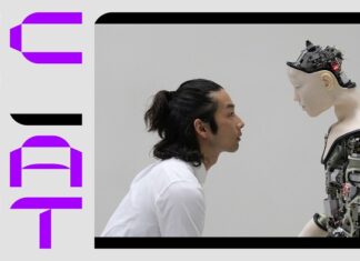 SCI_ART II / Kulturforum Ottawa Das Bild zeigt eine männliche Person und einen Roboter mit menschlichen Zügen, die sich Gegenseitig in die Augen schauen, und enthält Informationen zum SCI_ART Symposium.