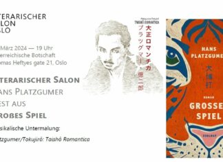 Literarischer Salon / Botschaft Oslo Das Bild zeigt die Informationen zur Veranstaltung mit dem Cover des Buches auf der rechten Seite.