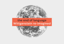 The end of language – Wittgenstein re-imagined / Kulturforum Belgrad Das Bild zeigt einen grauen Hintergrund mit einer Erdkugel. Davor steht auf einem Banner der Titel der Veranstaltung.