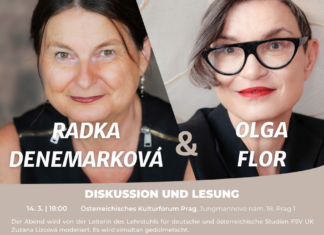 Diskussion und Lesung zur IMAGINE DIGNITY / Kulturforum Prag Das Bild zeigt eine Porträtaufnahme der beiden Autorinnen sowie ihre Namen, Informationen zur Veranstaltung und die Logos der Partner.