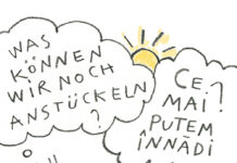 Was können wir noch anstückeln? / Kulturforum Bukarest Das Bild zeigt das Plakat der Ausstellung im Comicstil.