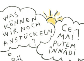 Was können wir noch anstückeln? / Kulturforum Bukarest Das Bild zeigt das Plakat der Ausstellung im Comicstil.