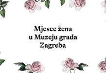 Frauenmonat im Zagreb Museum / Kulturforum Zagreb Das Bild zeigt einen Rosenkranz, der einen Text mit der Aufschrift "Der Monat der Frauen im Museum der Stadt Zagreb" in kroatischer Sprache einkreist.