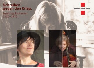 „Das Unerhörte ist alltäglich geworden“ / Kulturforum Prag Das Bild zeigt Ingeborg Bachmann leicht im Hintergrund und Portraits der zwei Künstlerinnen.