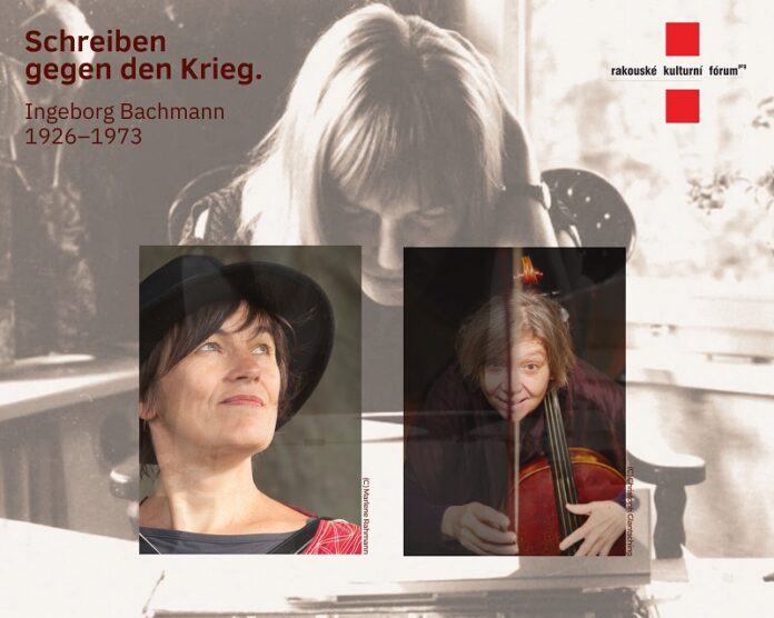 Das Bild zeigt Ingeborg Bachmann leicht im Hintergrund und Portraits der zwei Künstlerinnen.