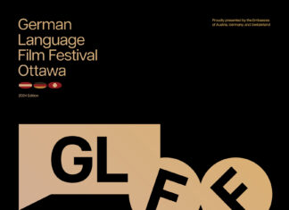 German Language Film Festival / Kulturforum Ottawa Das Bild zeigt einen Hintergrund in warmen gelben Farbtönen mit einem Ombre-Effekt. Dominiert wird das Zentrum des Bildes von den schwarzen Buchstaben "GLFFO", was für das German Language Film Festival Ottawa steht. In der Ecke steht "Proudly presented by the Embassies of Austria, Germany, and Switzerland" sowie die Fahnen von Österreich, Deutschland und der Schweiz. Weiters sind die Details der Veranstaltung aufgeführt, einschließlich der Termine 24 April – 15 Mai, des Veranstaltungsorts (ByTowne Cinema) und des Slogans "4 Wochen, 4 Filme".