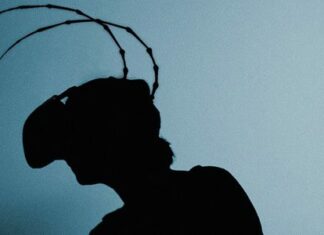 Brüsseler Buchmesse / Kulturforum Brüssel Das Bild zeigt den Schatten einer Person, die einen VR-Helm trägt, mit zwei insektenartigen Antennen, die auf dem Kopf der Person wachsen.