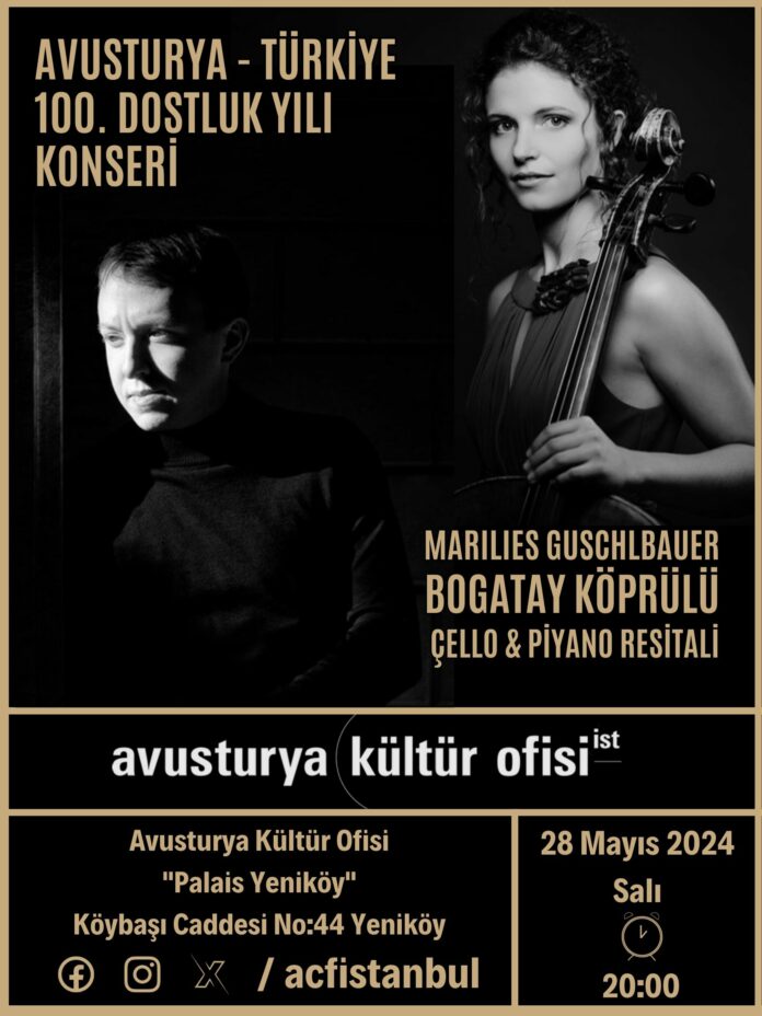 Auf dem Konzertposter sind die Cellistin Marilies Guschlbauer und der Pianist Bogatay Köprülü abgebildet.