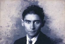 Jubiläumsprogramm / Kulturforum Zagreb Das Bild zeigt ein koloriertes Foto von Franz Kafka mit seiner Unterschrift.