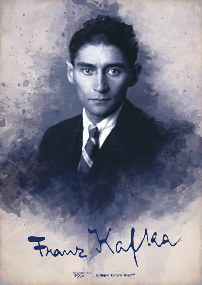 Das Bild zeigt ein koloriertes Foto von Franz Kafka mit seiner Unterschrift.